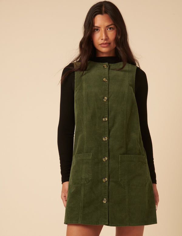 Nobody’s Child Khaki Cord Alessa Pinafore Mini Dress