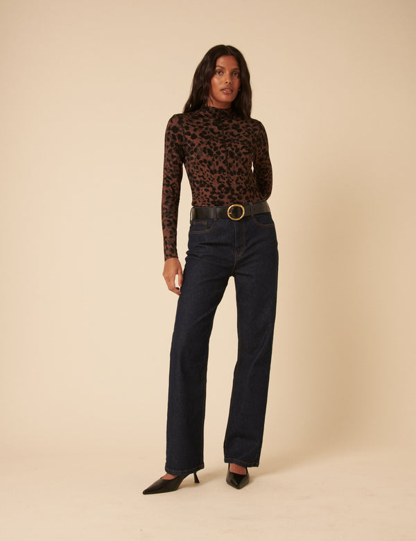 Nobody’s Child Leopard Print High Neck Long Sleeve Jersey Top