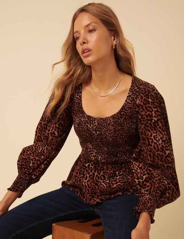 Nobody’s Child Leopard Print Shirred Balloon Sleeve Top