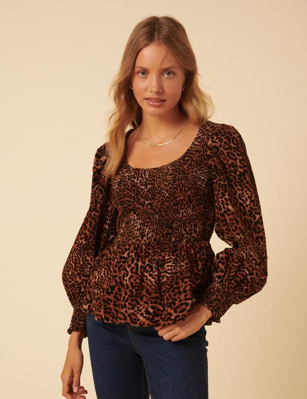 Nobody’s Child Leopard Print Shirred Balloon Sleeve Top
