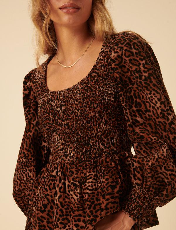 nobody’s child Leopard Print Shirred Balloon Sleeve Top