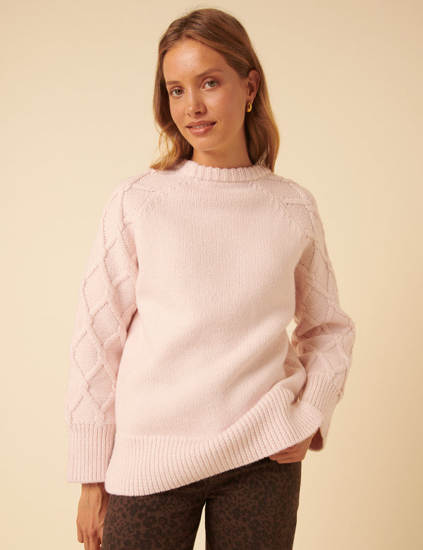 Nobody’s Child Light Pink Cable Knit Crew Neck Cardigan