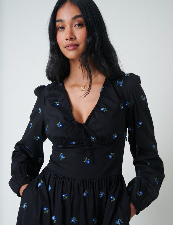 Nobody’s Child Navy Floral Embroidered Balloon Sleeve Alysia Midi Dress