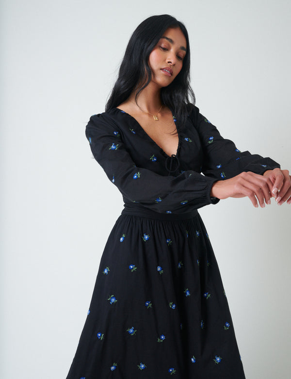 Nobody’s Child Navy Floral Embroidered Balloon Sleeve Alysia Midi Dress