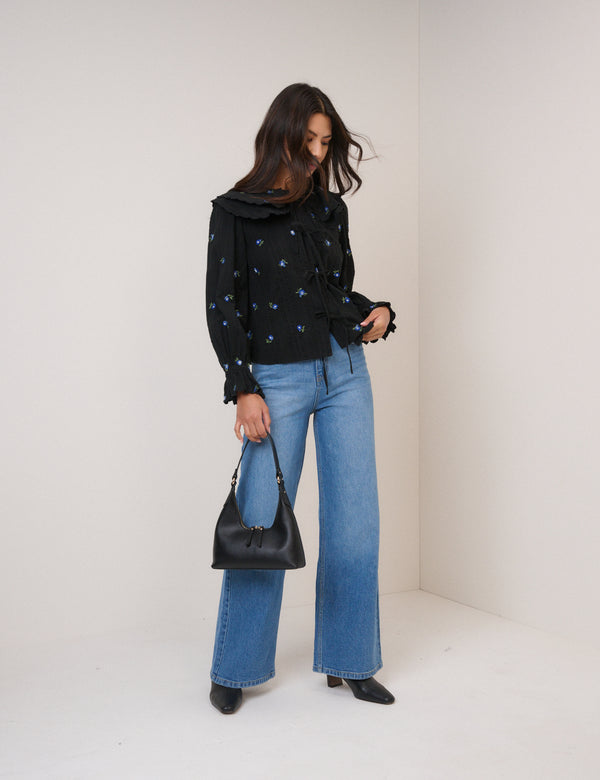 Nobody’s Child Navy Floral Embroidered Tie Front Top