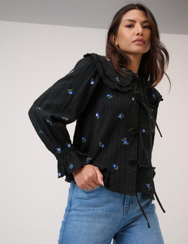 Nobody’s Child Navy Floral Embroidered Tie Front Top