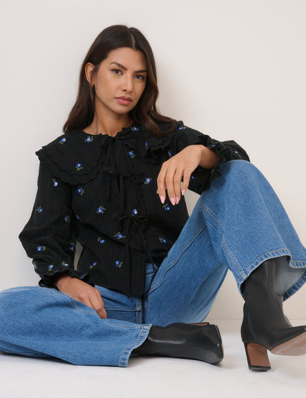 nobody’s child Navy Floral Embroidered Tie Front Top
