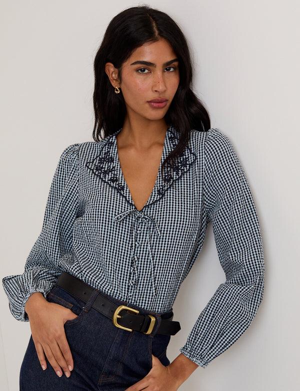 Nobody’s Child Navy Gingham Embroidered Collared Blouse
