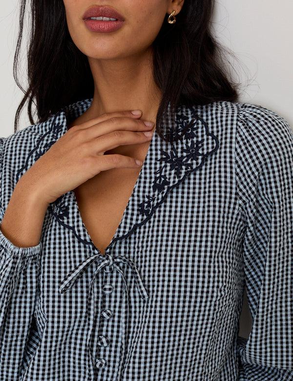 Nobody’s Child Navy Gingham Embroidered Collared Blouse