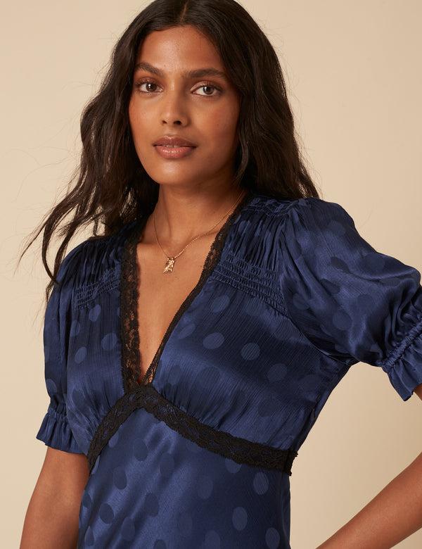Nobody’s Child Navy Polka Dot Jacquard Angela Midi Dress