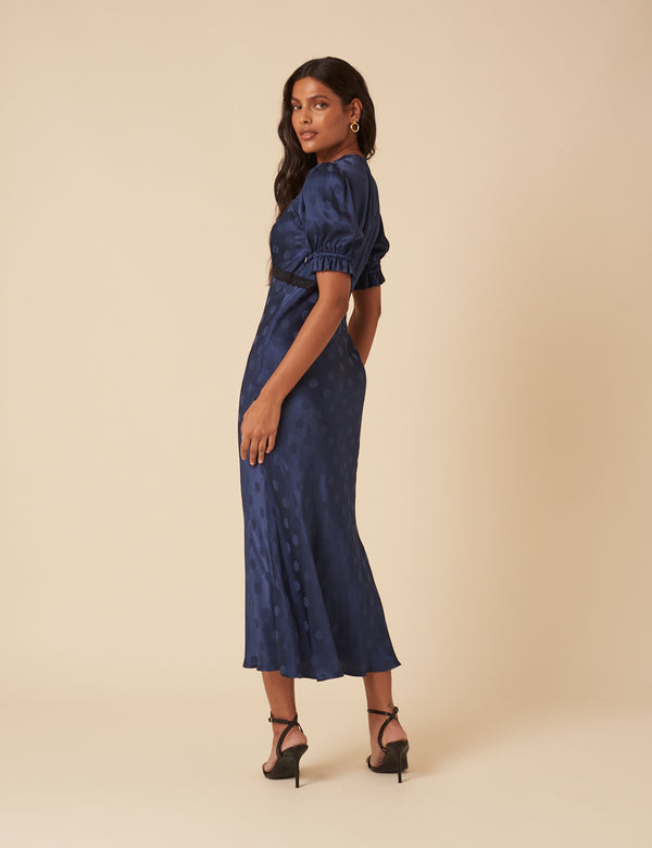 Nobody’s Child Navy Polka Dot Jacquard Angela Midi Dress
