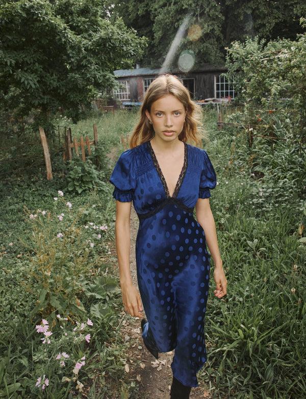 nobody’s child Navy Polka Dot Jacquard Angela Midi Dress