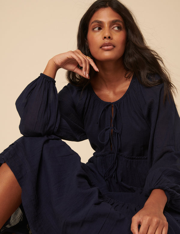 Nobody’s Child Navy Tie Front Tiered Adley Midi Dress