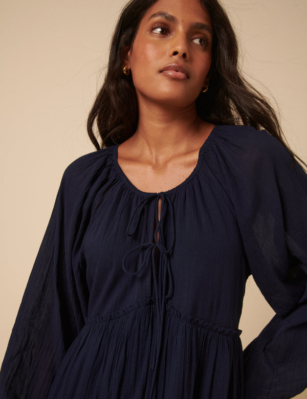 Nobody’s Child Navy Tie Front Tiered Adley Midi Dress