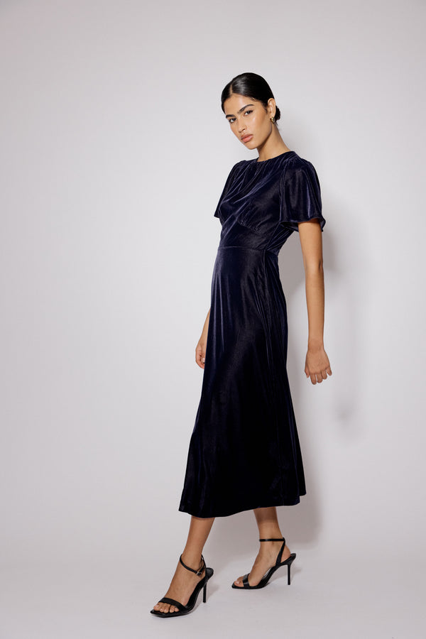 Nobody’s Child Navy Velvet A-Line Allegra Midi Dress
