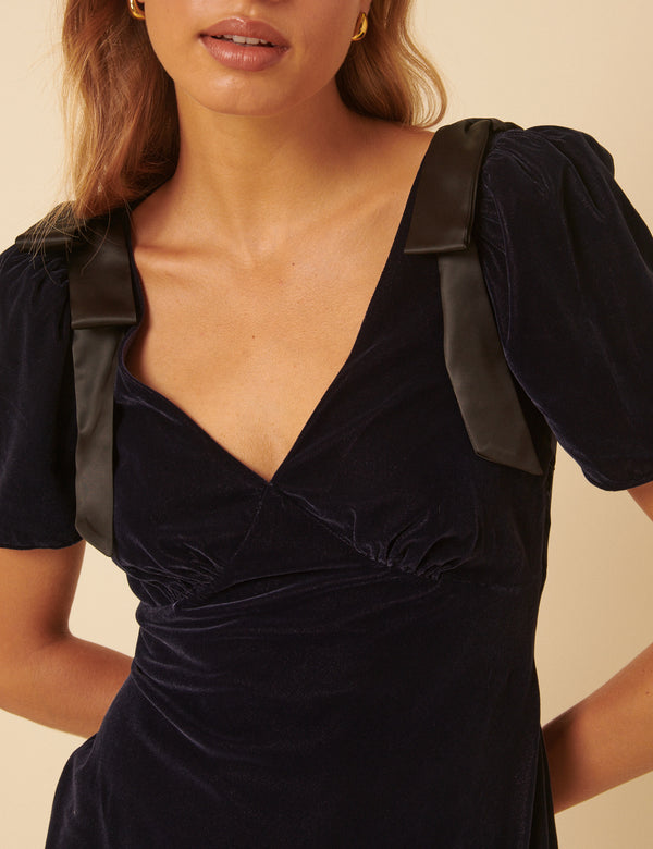Nobody’s Child Navy Velvet Short Sleeve Bow Pisces Mini Dress