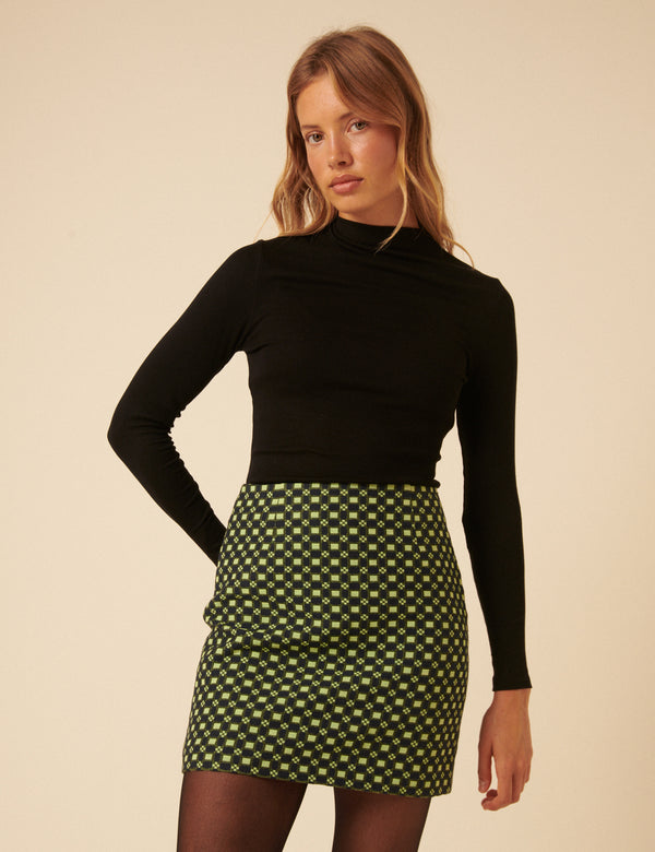 Nobody’s Child NC X Lisou Black And Lime Green Jacquard Checkerboard Mini Skirt