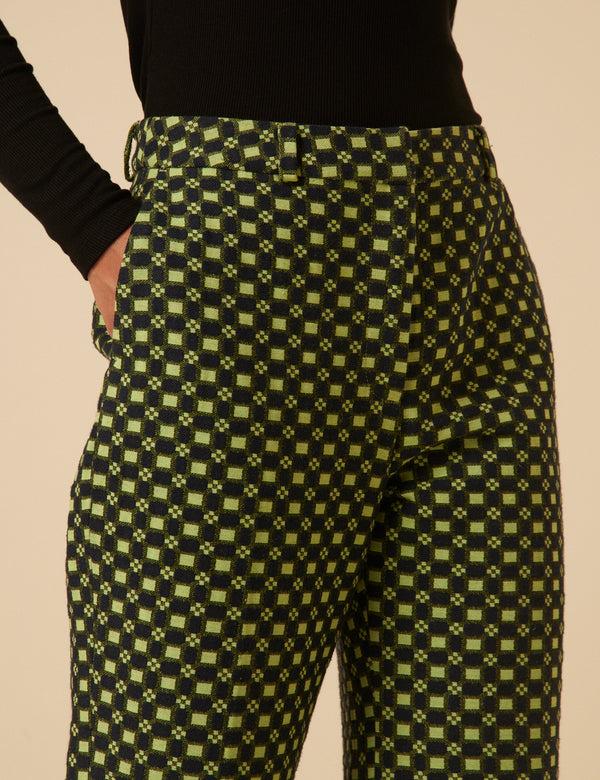 Nobody’s Child NC X Lisou Black And Lime Green Jacquard Checkerboard Tailored Trousers