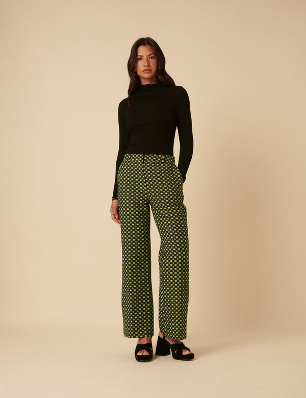 Nobody’s Child NC X Lisou Black And Lime Green Jacquard Checkerboard Tailored Trousers