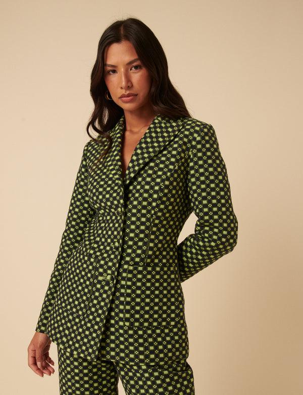 Nobody’s Child NC X Lisou Black And Lime Green Jacquard Checkerboard Fitted Blazer