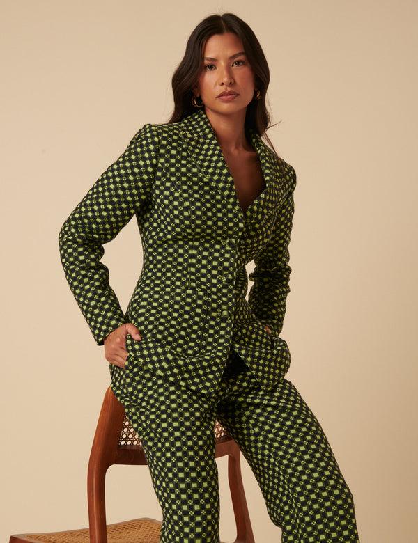 Nobody’s Child NC X Lisou Black And Lime Green Jacquard Checkerboard Fitted Blazer