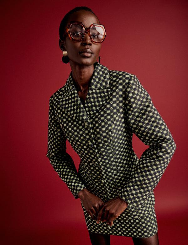 nobody’s child NC x Lisou Black and Lime Green Jacquard Checkerboard Fitted Blazer