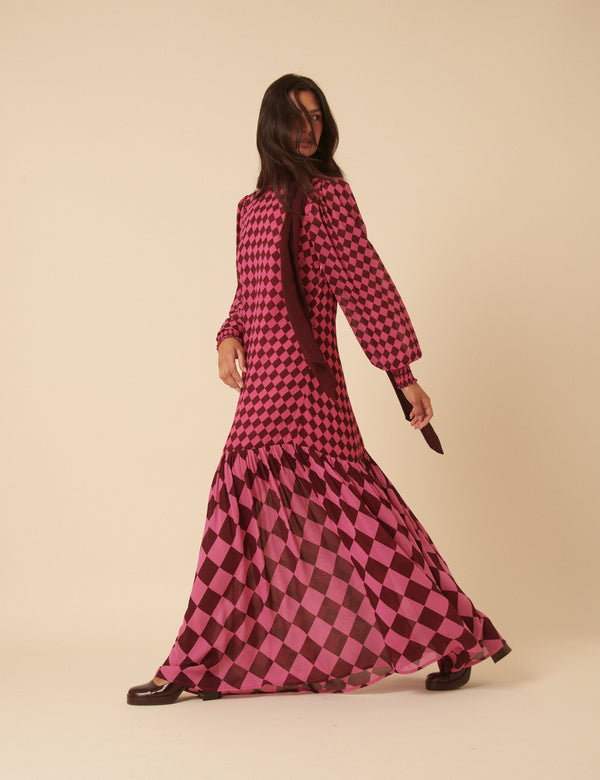 Nobody’s Child NC X Lisou Burgundy And Pink Printed Scarf Tiered Maxi Dress