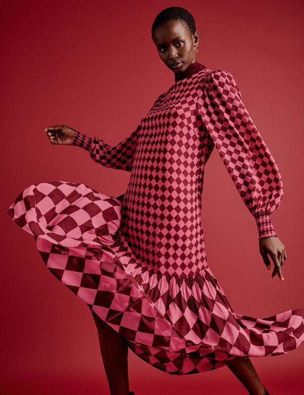 nobody’s child NC x Lisou Burgundy and Pink Printed Scarf Tiered Maxi Dress