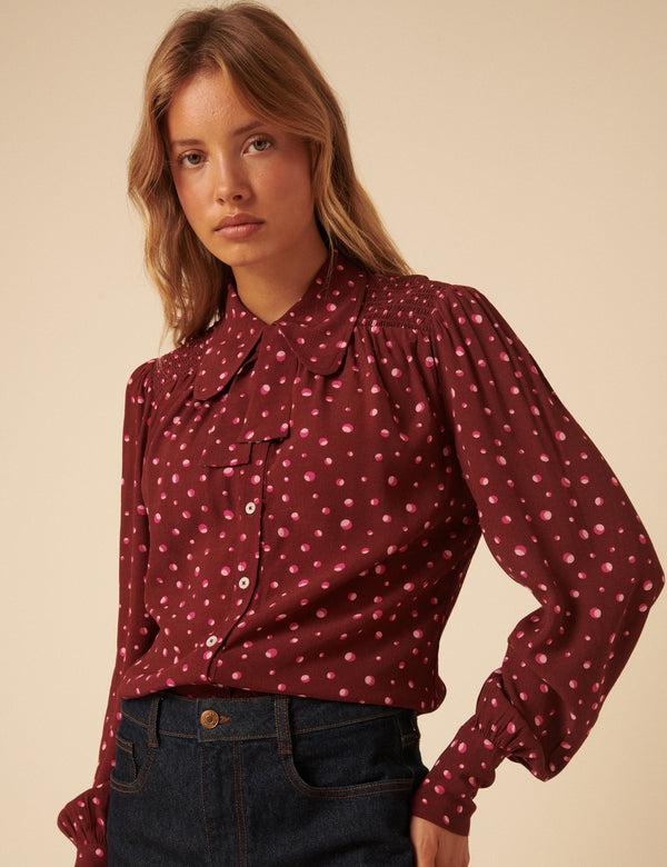 Nobody’s Child NC X Lisou Burgundy Crepe Statement Collar Blouse