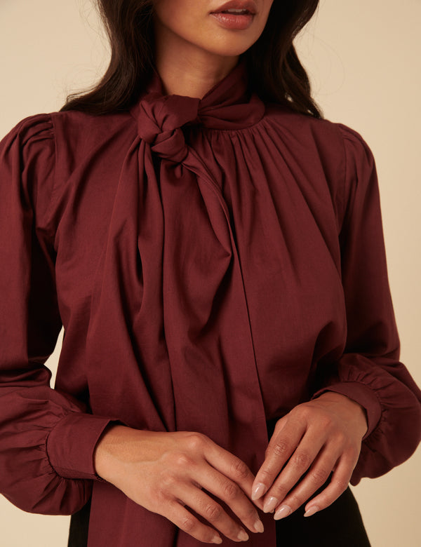 Nobody’s Child NC X Lisou Burgundy Satin Tie Neck Long Sleeve Blouse