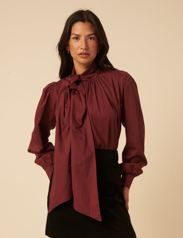 Nobody’s Child NC X Lisou Burgundy Satin Tie Neck Long Sleeve Blouse