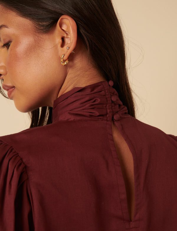 Nobody’s Child NC X Lisou Burgundy Satin Tie Neck Long Sleeve Blouse