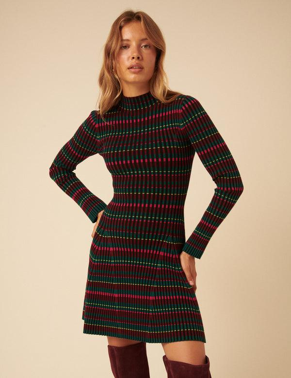 Nobody’s Child NC X Lisou Burgundy Striped Knitted Pleated Mini Dress