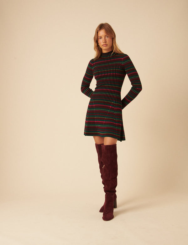 Nobody’s Child NC X Lisou Burgundy Striped Knitted Pleated Mini Dress