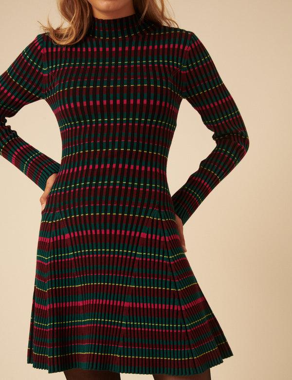 Nobody’s Child NC X Lisou Burgundy Striped Knitted Pleated Mini Dress