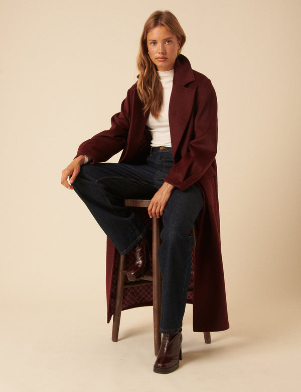 Nobody’s Child NC X Lisou Burgundy Wool Blend Tailored Longline Coat