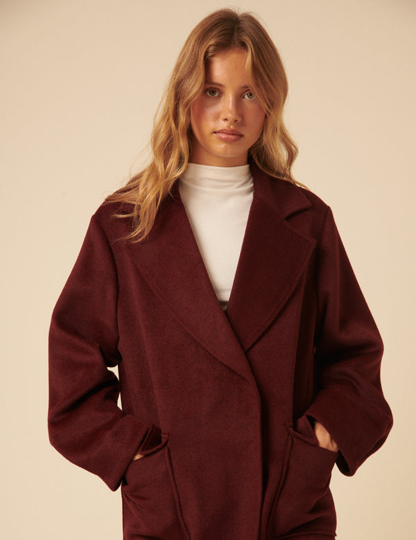 Nobody’s Child NC X Lisou Burgundy Wool Blend Tailored Longline Coat