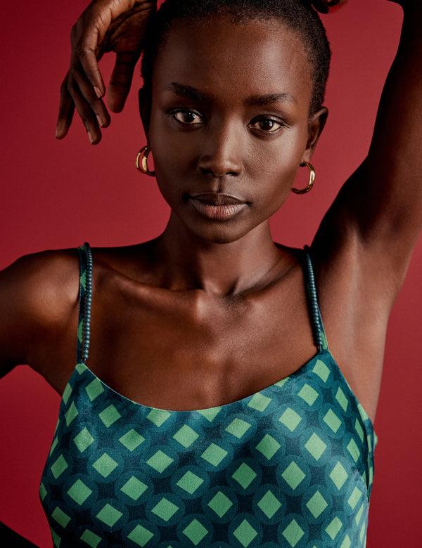 Nobody’s Child NC X Lisou Green Beaded Strap Trim Satin Midi Dress