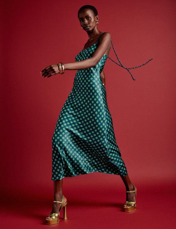 nobody’s child NC x Lisou Green Beaded Strap Trim Satin Midi Dress