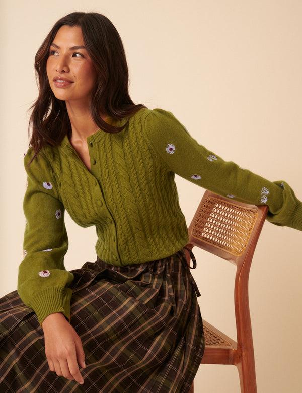 Nobody’s Child NC X TBCo Green Cable Knit Embroidered Wool Cardigan