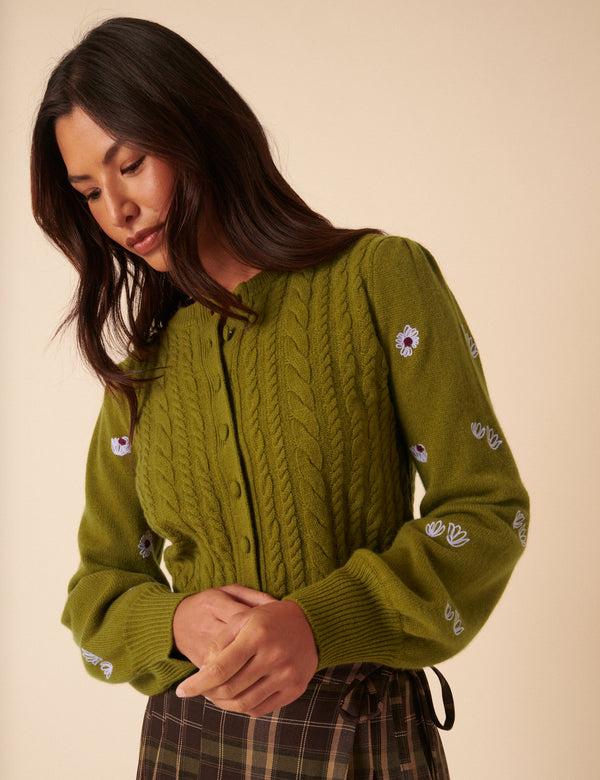 Nobody’s Child NC X TBCo Green Cable Knit Embroidered Wool Cardigan