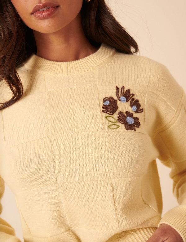 Nobody’s Child NC X TBCo Yellow Check Floral Embroidered Wool Jumper