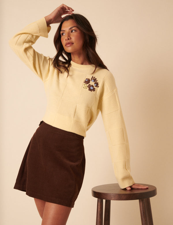 Nobody’s Child NC X TBCo Yellow Check Floral Embroidered Wool Jumper