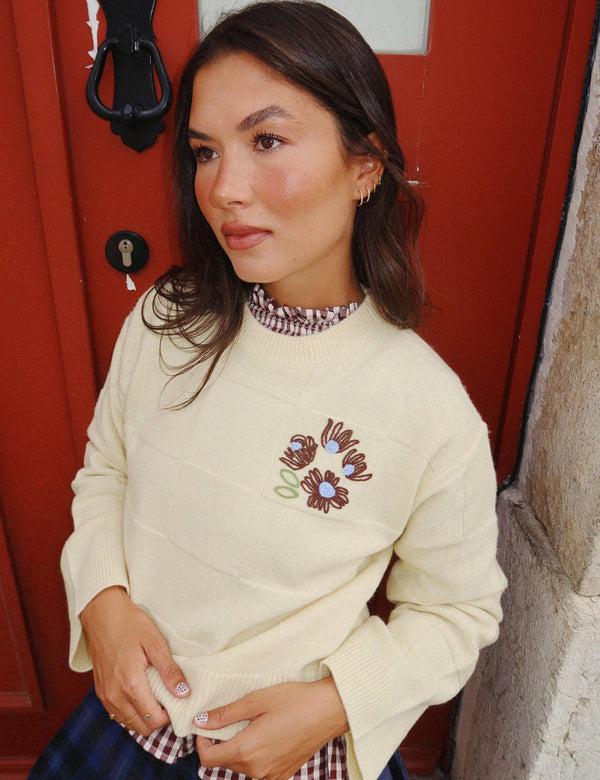 nobody’s child NC x TBCo Yellow Check Floral Embroidered Wool Jumper