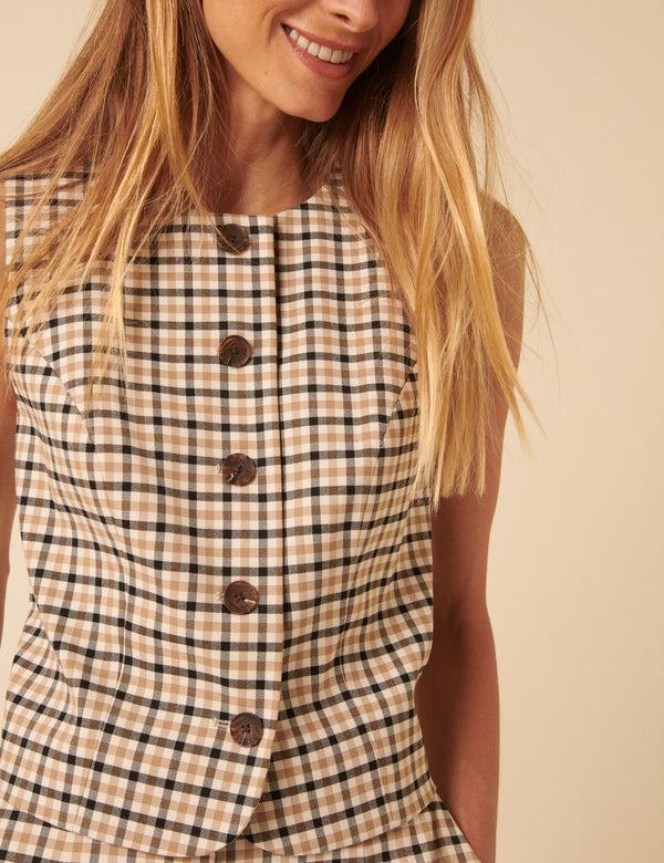 Nobody’s Child Beige Gingham Check Waistcoat