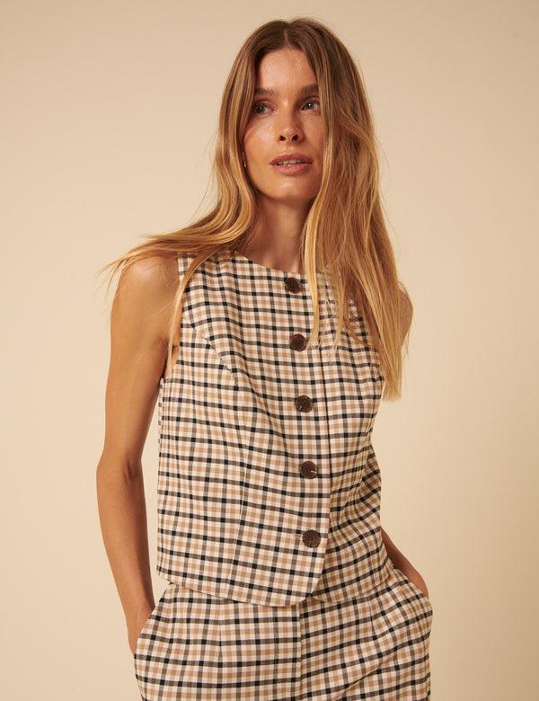 Nobody’s Child Beige Gingham Check Waistcoat