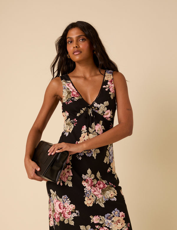 Nobody’s Child Black Floral Abbey Midi Dress