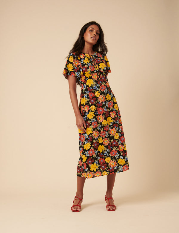 Nobody’s Child Black Floral Anna Midi Dress