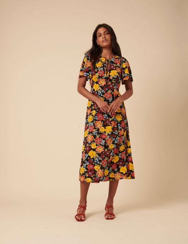 nobody’s child Black Floral Anna Midi Dress