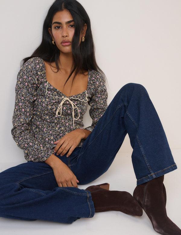 Nobody’s Child Black Floral Bow Front Top